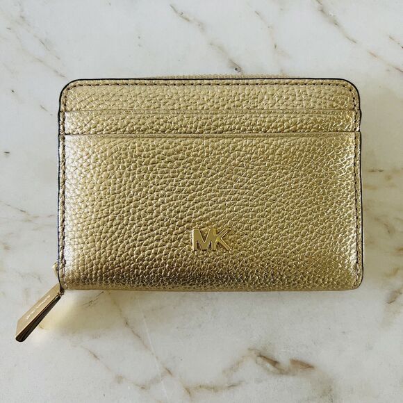 MICHAEL KORS Money Pieces Pale Gold Leather Zip Around Coin Card Case Wallet - Picture 1 of 7